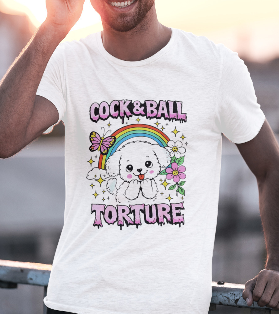 Cock And Ball Torture Dog Rainbow Butterfly Flowers T-Shirt