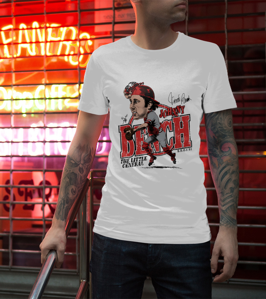 Johnny Bench Cincinnati The Little General Bruce Stark Collection HOF Caricature T-Shirt