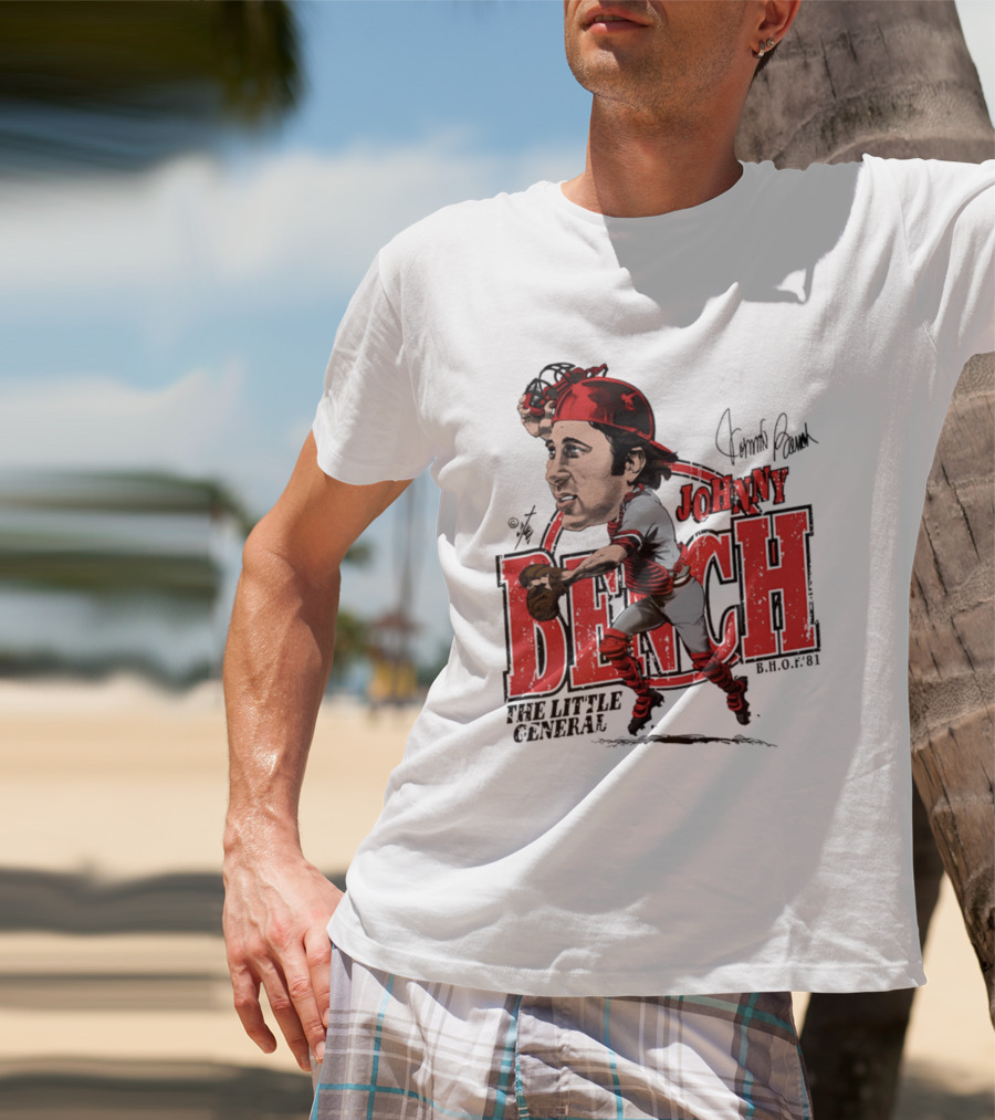 Johnny Bench Cincinnati The Little General Bruce Stark Collection HOF Caricature T-Shirt