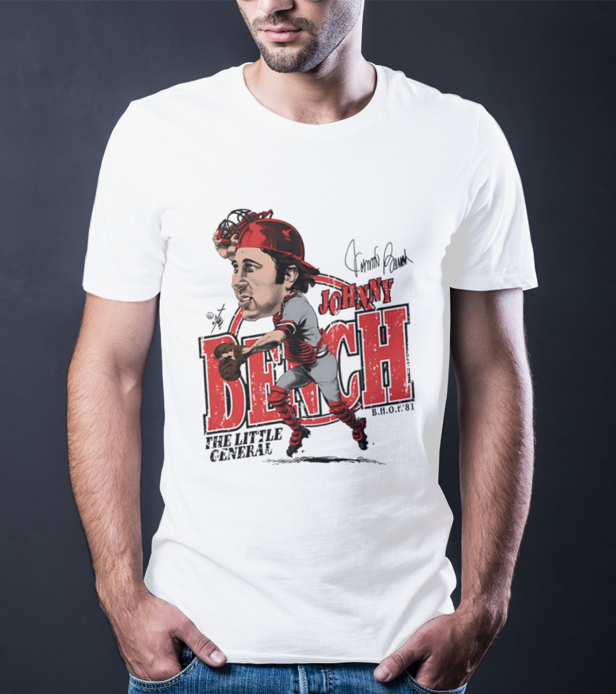 Johnny Bench Cincinnati The Little General Bruce Stark Collection HOF Caricature T-Shirt