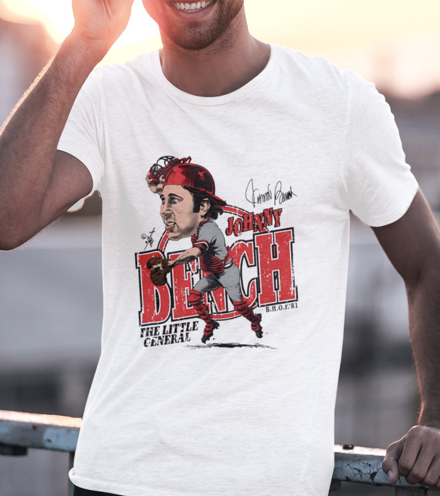 Johnny Bench Cincinnati The Little General Bruce Stark Collection HOF Caricature T-Shirt