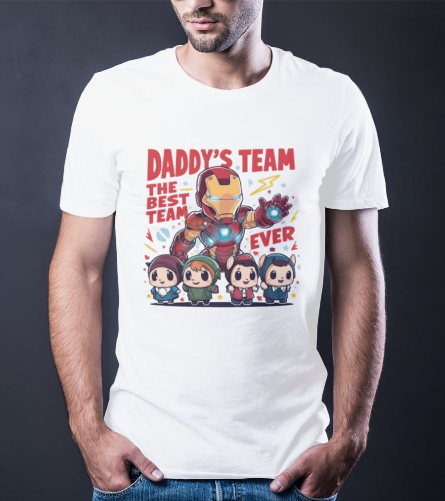 Daddys Team The Best Team Ever Superhero Dad Iron Man And Kids T-Shirt