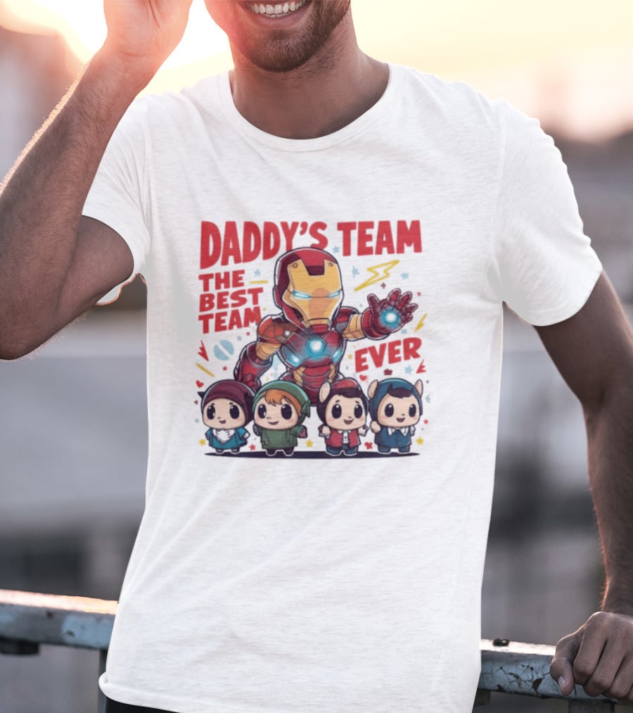 Daddys Team The Best Team Ever Superhero Dad Iron Man And Kids T-Shirt