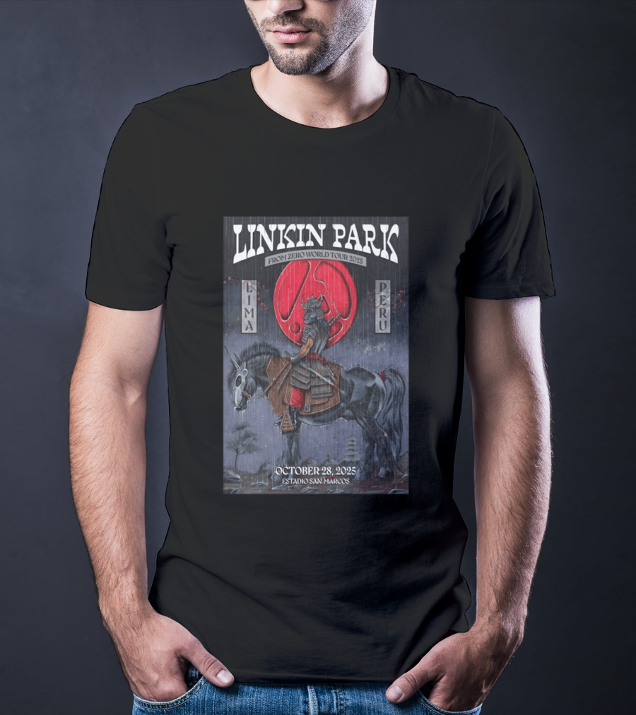 Linkin Park From Zero World Tour 2025 Lima Peru Estadio San Marcos October 28 Samurai Warrior On Horse With Red Moon T-Shirt