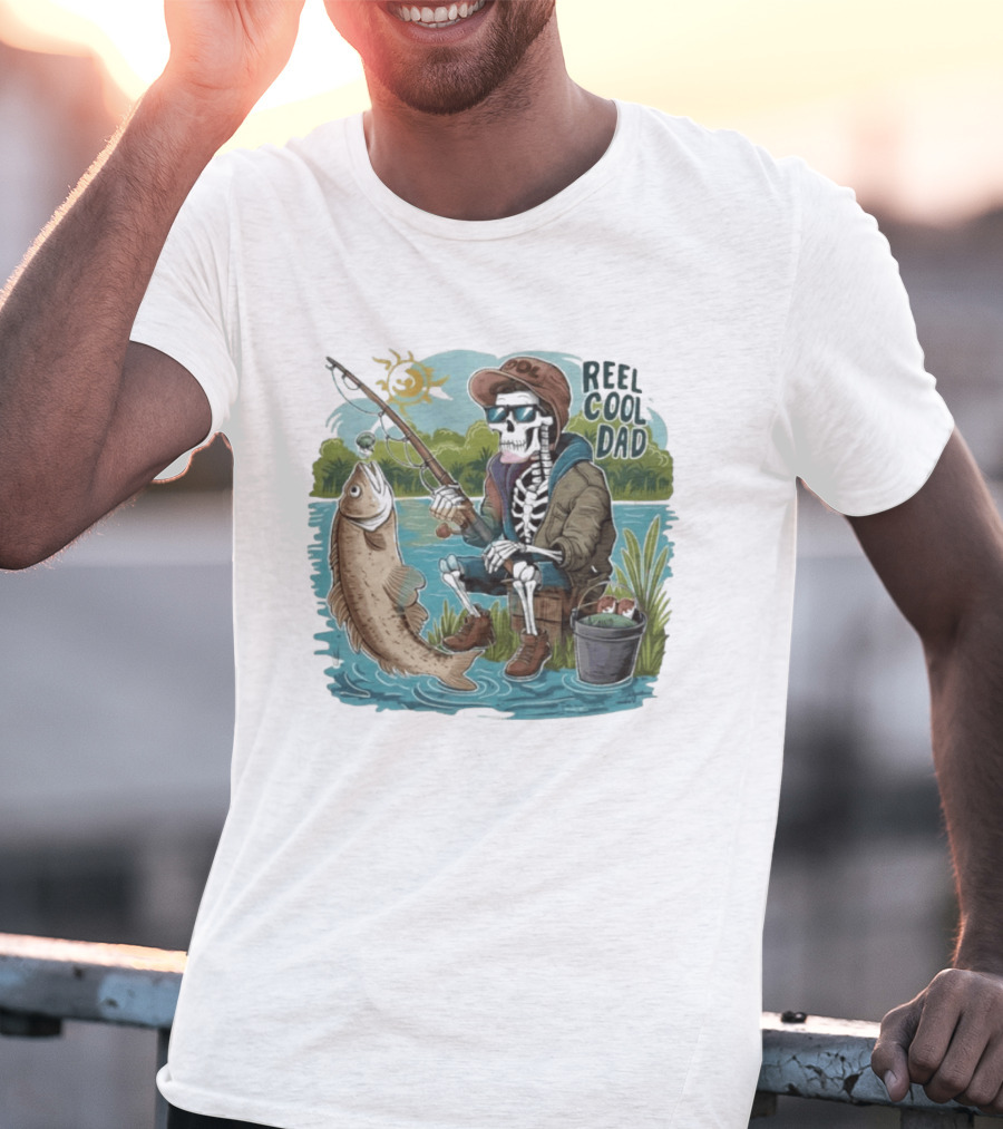 Reel Cool Dad Fishing Skeleton Catching Fish Cartoon T-Shirt