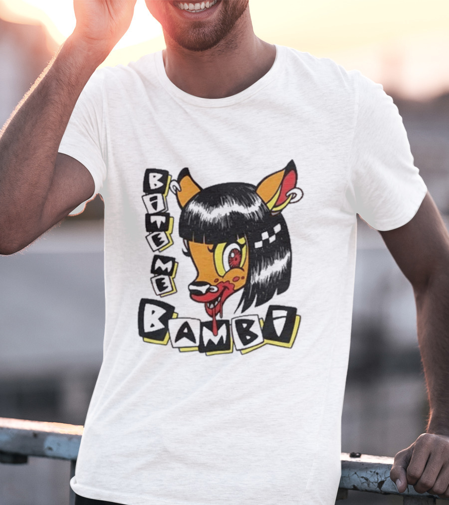 Bite Me Bambi Cartoon Character With Black Hair And Blood Dripping Mouth T-Shirt