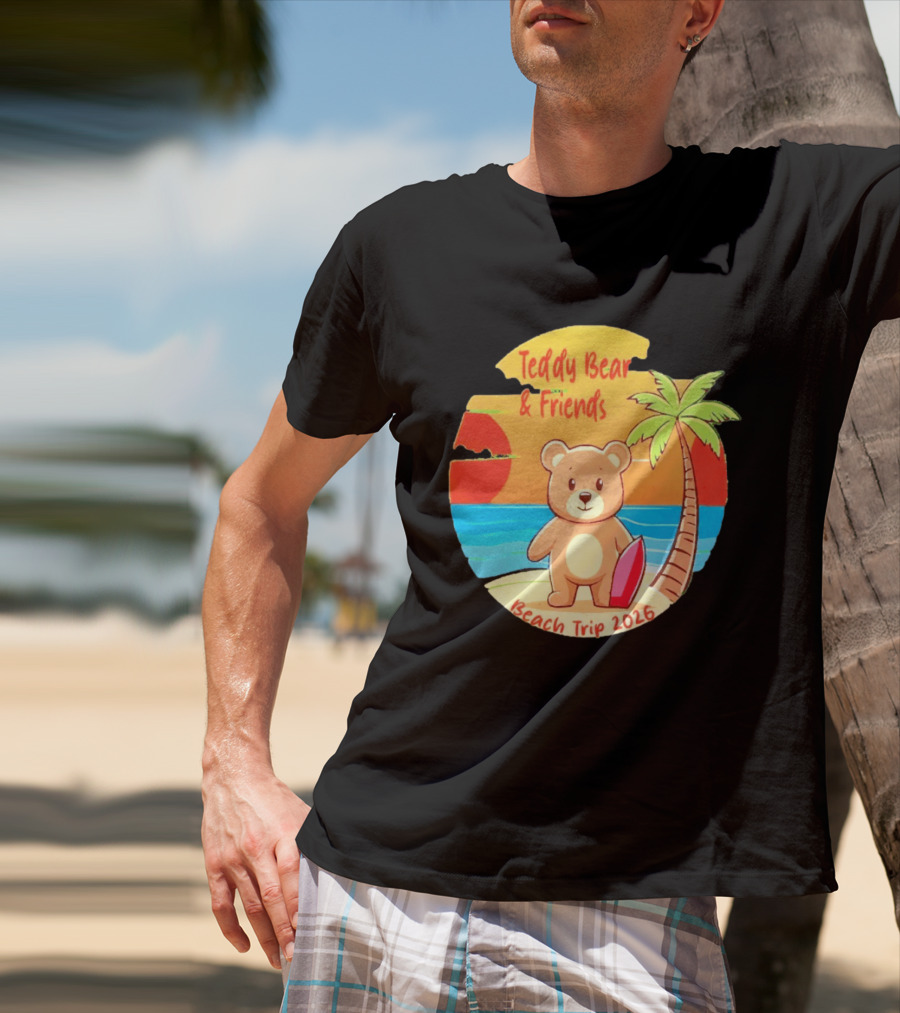 Teddy Bear And Friends Beach Trip 2026 Summer Adventure With Palm And Sunset T-Shirt