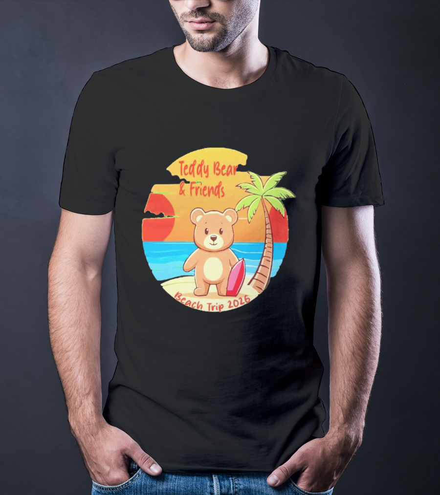 Teddy Bear And Friends Beach Trip 2026 Summer Adventure With Palm And Sunset T-Shirt