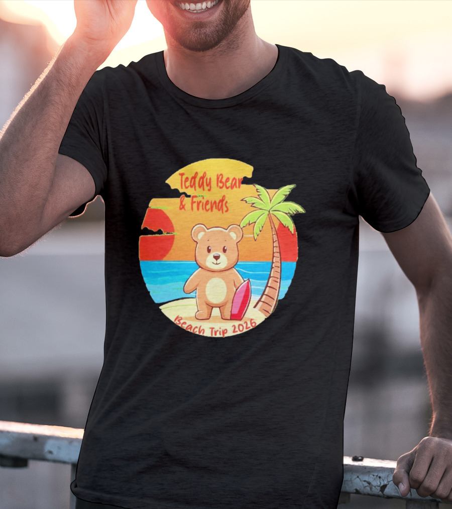 Teddy Bear And Friends Beach Trip 2026 Summer Adventure With Palm And Sunset T-Shirt