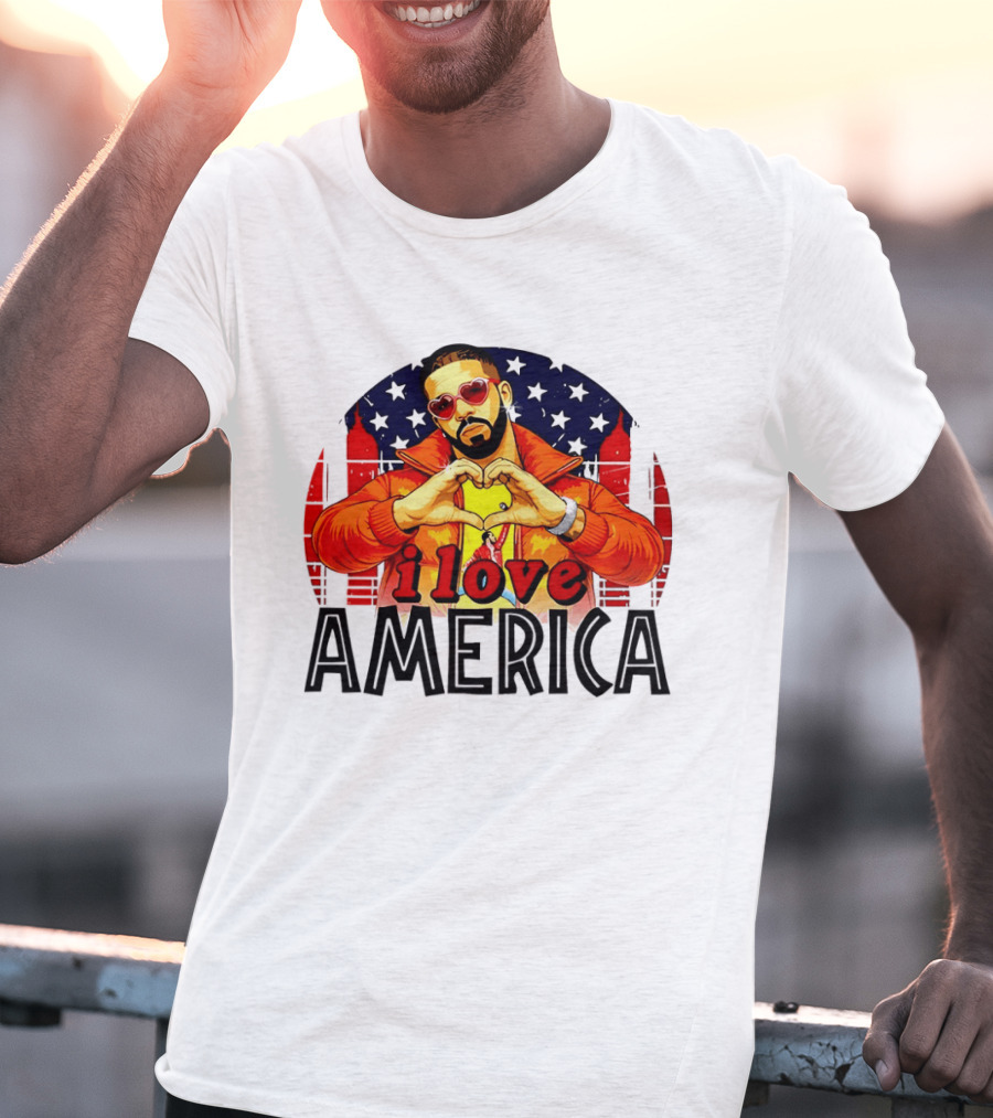 Drake I Love America Flag Heart Gesture Red Jacket Sunglasses T-Shirt