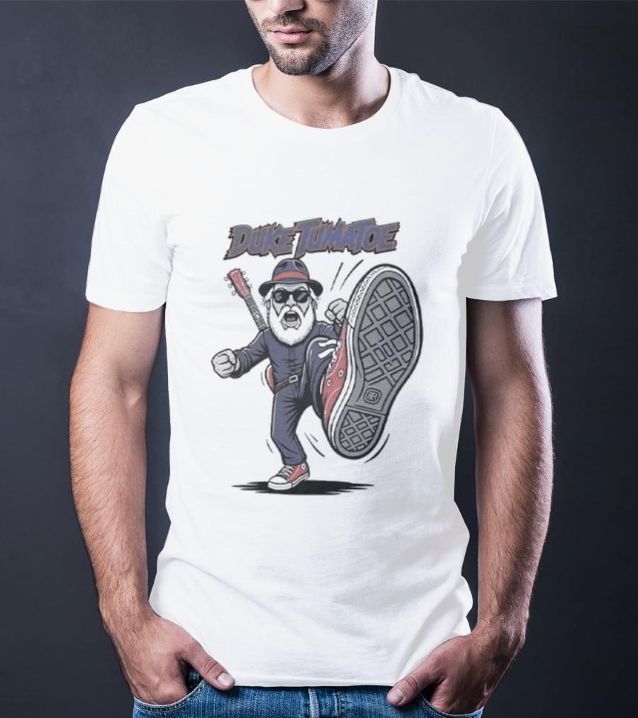 Duke Tumatoe Character Kicking Action In Blue Outfit And Red Shoes T-Shirt