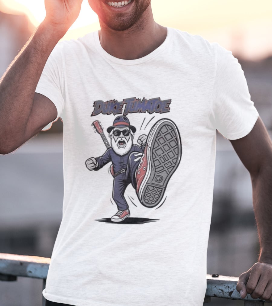 Duke Tumatoe Character Kicking Action In Blue Outfit And Red Shoes T-Shirt