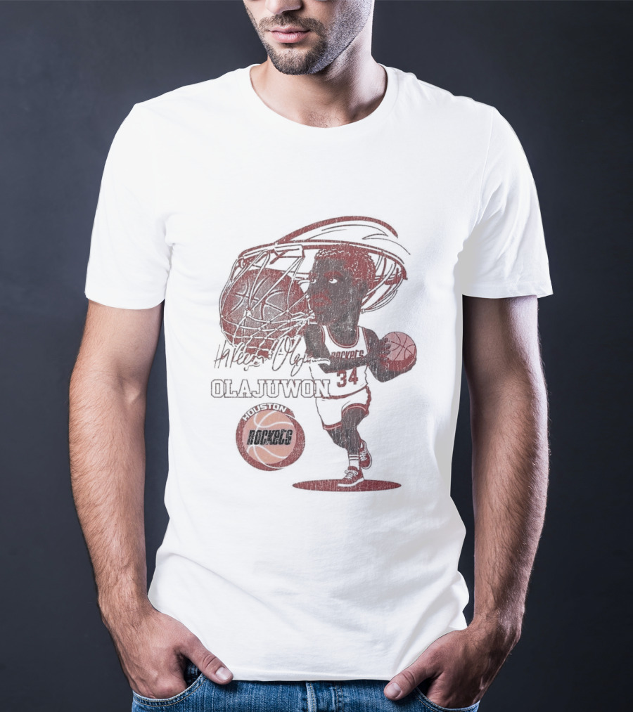 Houston Rockets Hardwood Classics Hakeem Olajuwon Number 34 Caricature T-Shirt