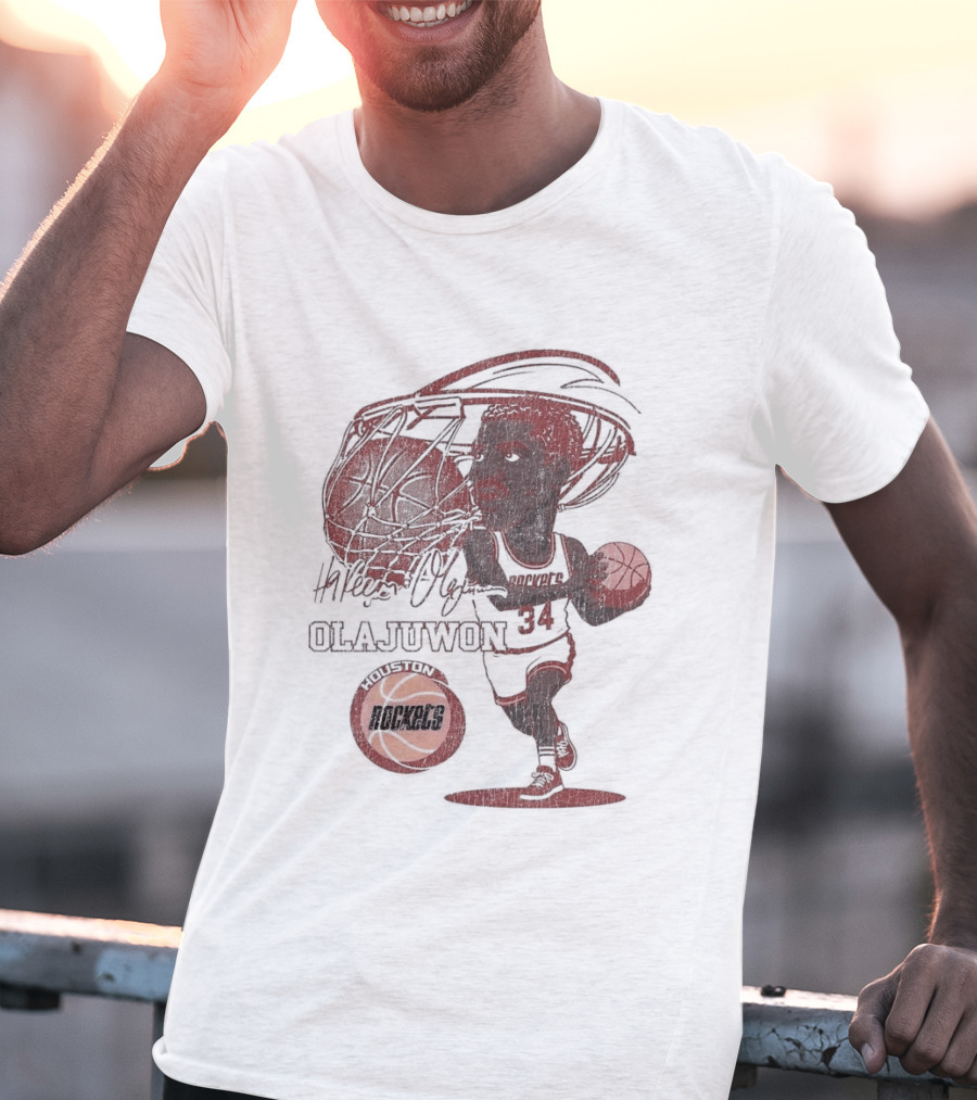 Houston Rockets Hardwood Classics Hakeem Olajuwon Number 34 Caricature T-Shirt