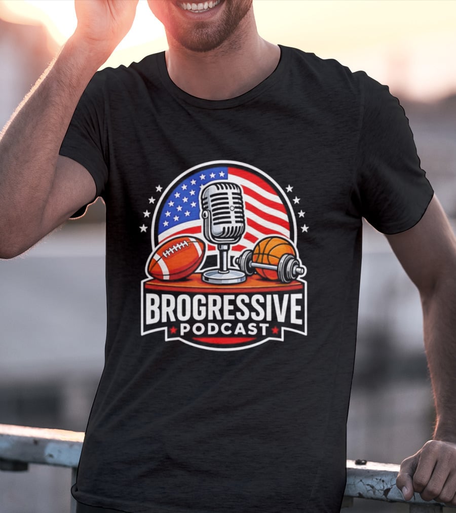 Brogressive Podcast American Flag Microphone Football Dumbbell Stars T-Shirt