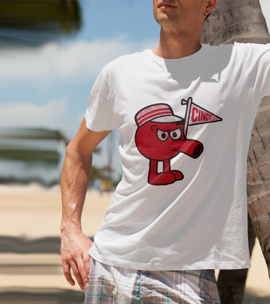 Cincy Redbert Cartoon Character With Striped Hat And Flag T-Shirt