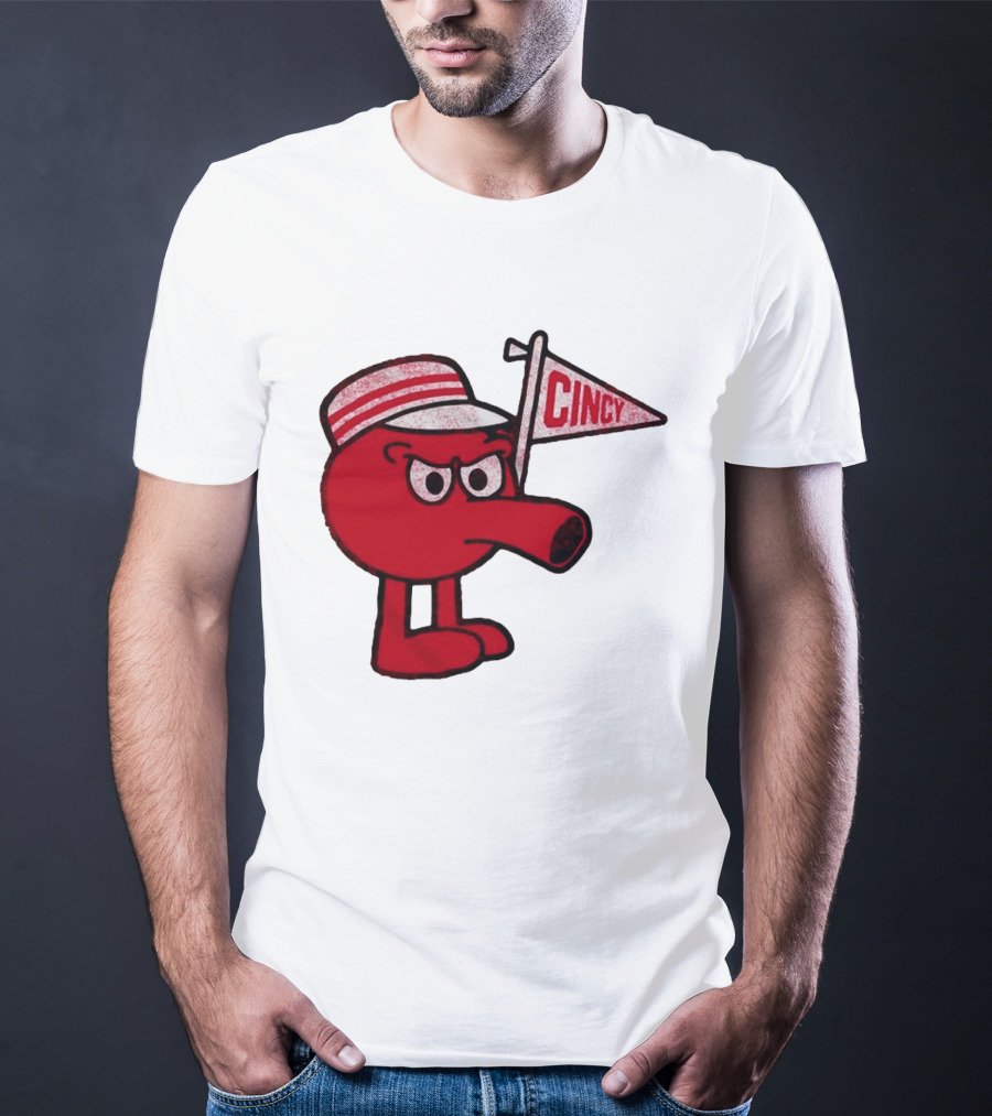 Cincy Redbert Cartoon Character With Striped Hat And Flag T-Shirt