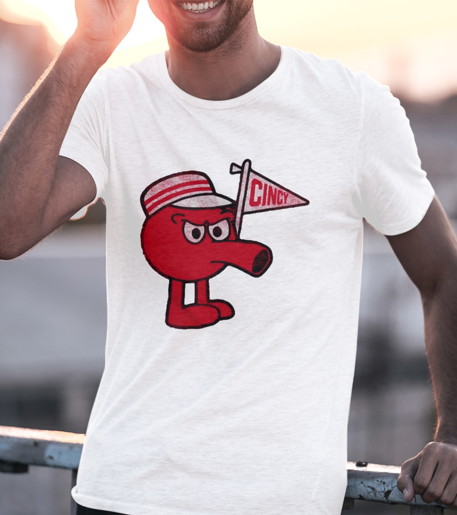 Cincy Redbert Cartoon Character With Striped Hat And Flag T-Shirt