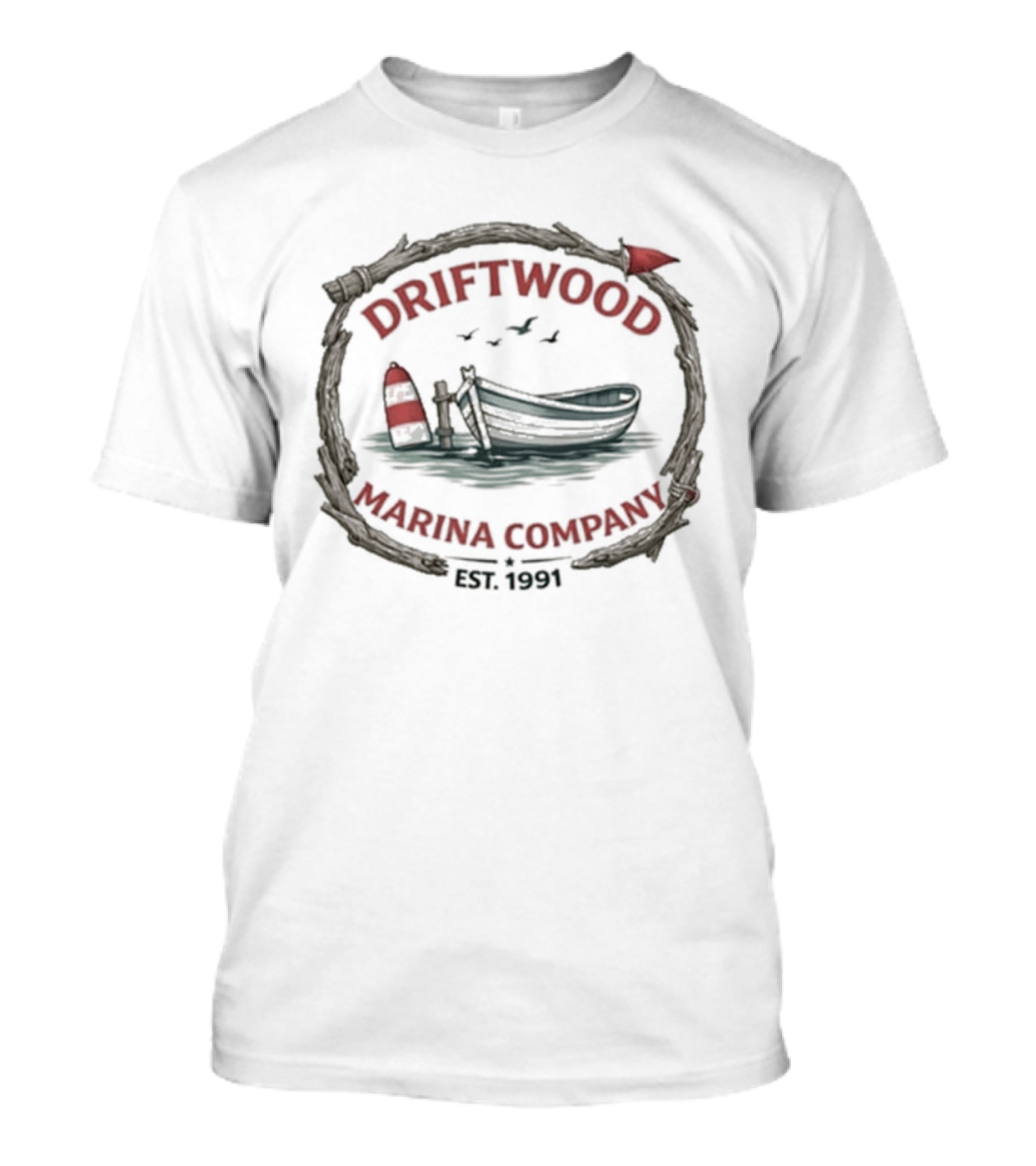 Driftwood Marina Company Est 1991 Nautical Boat Seaside Scene T-Shirt