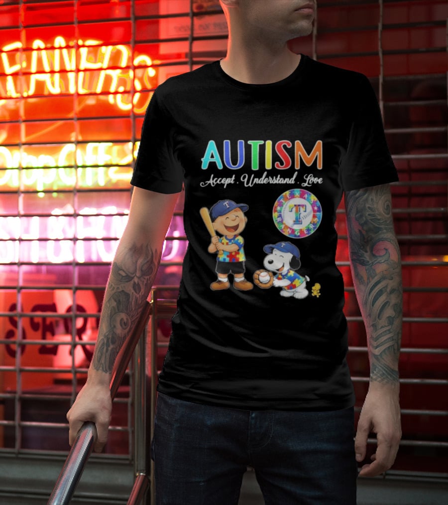 Peanuts Texas Rangers Autism Accept Understand Love Charlie Brown Snoopy T-Shirt
