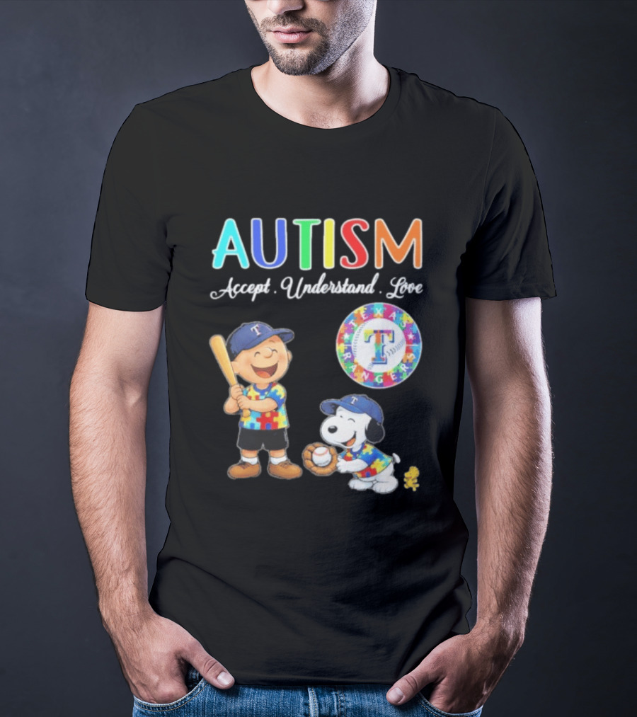 Peanuts Texas Rangers Autism Accept Understand Love Charlie Brown Snoopy T-Shirt