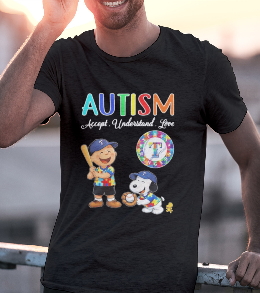 Peanuts Texas Rangers Autism Accept Understand Love Charlie Brown Snoopy T-Shirt