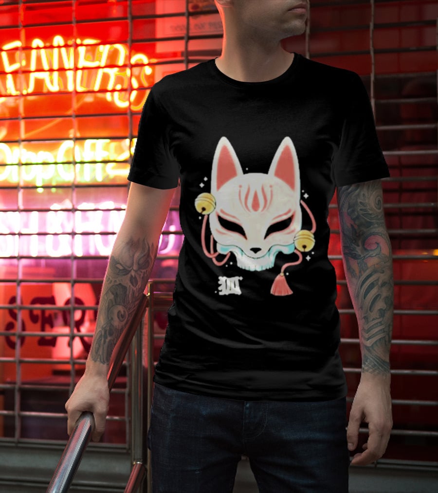 Lonely Club Kitsune Skull Mask With Bells And Kanji T-Shirt