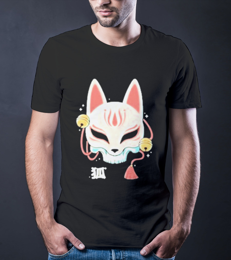 Lonely Club Kitsune Skull Mask With Bells And Kanji T-Shirt