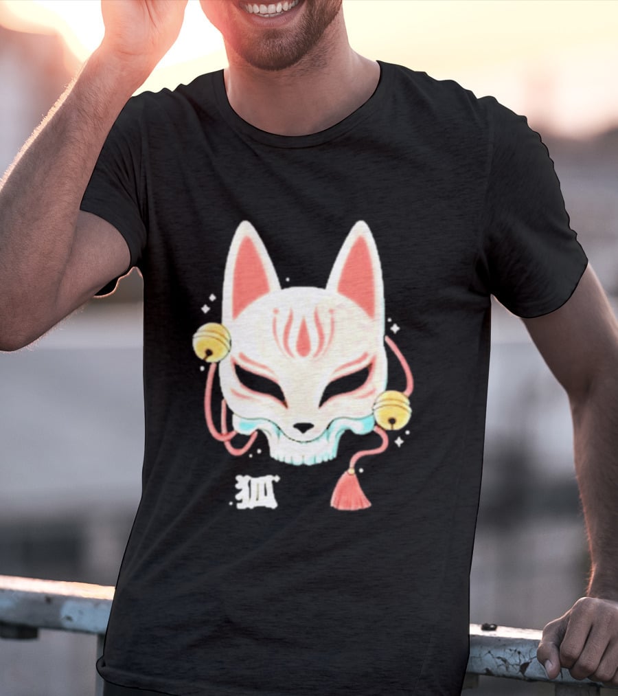 Lonely Club Kitsune Skull Mask With Bells And Kanji T-Shirt