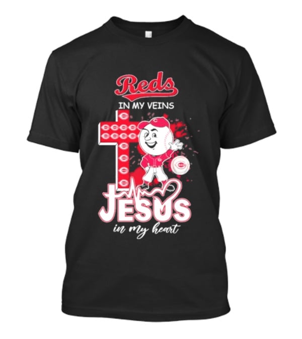 Reds In My Veins Jesus In My Heart Baseball Cross T-Shirt