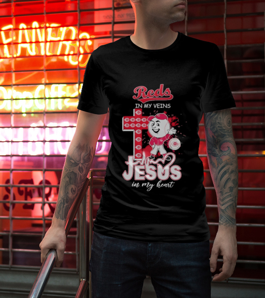 Reds In My Veins Jesus In My Heart Baseball Cross T-Shirt