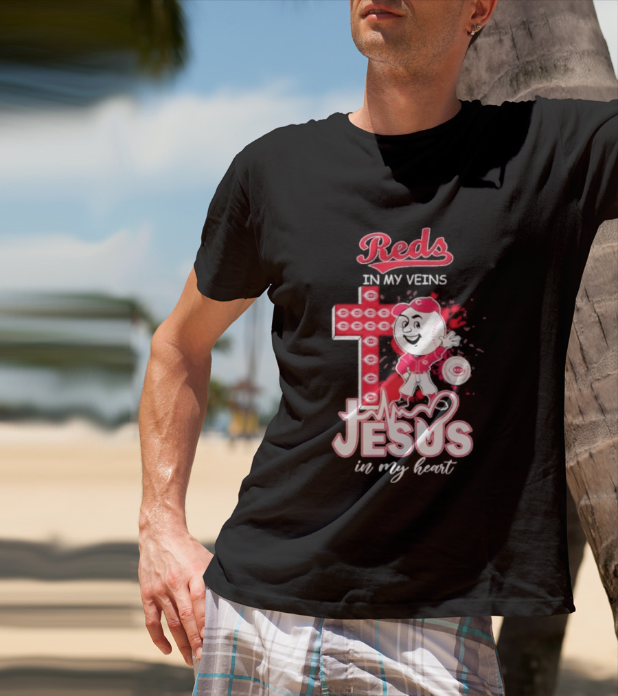 Reds In My Veins Jesus In My Heart Baseball Cross T-Shirt