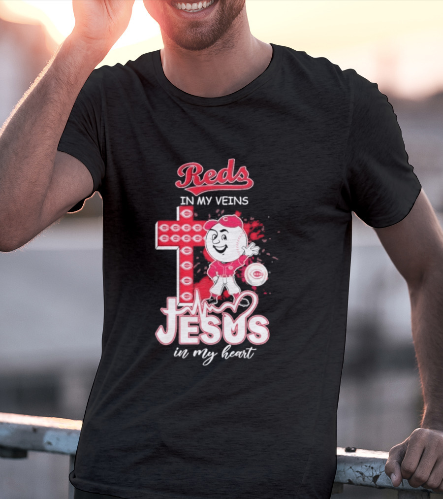 Reds In My Veins Jesus In My Heart Baseball Cross T-Shirt