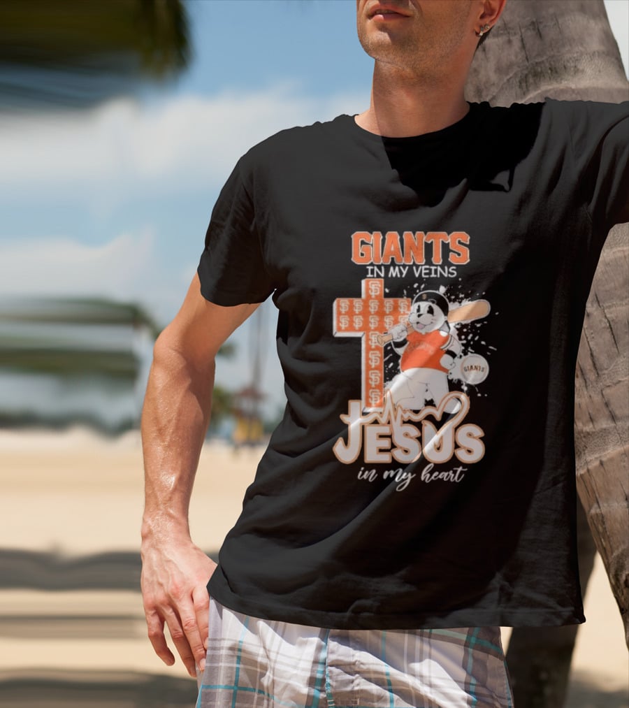 San Francisco Giants In My Veins Jesus In My Heart Baseball Cross Panda T-Shirt