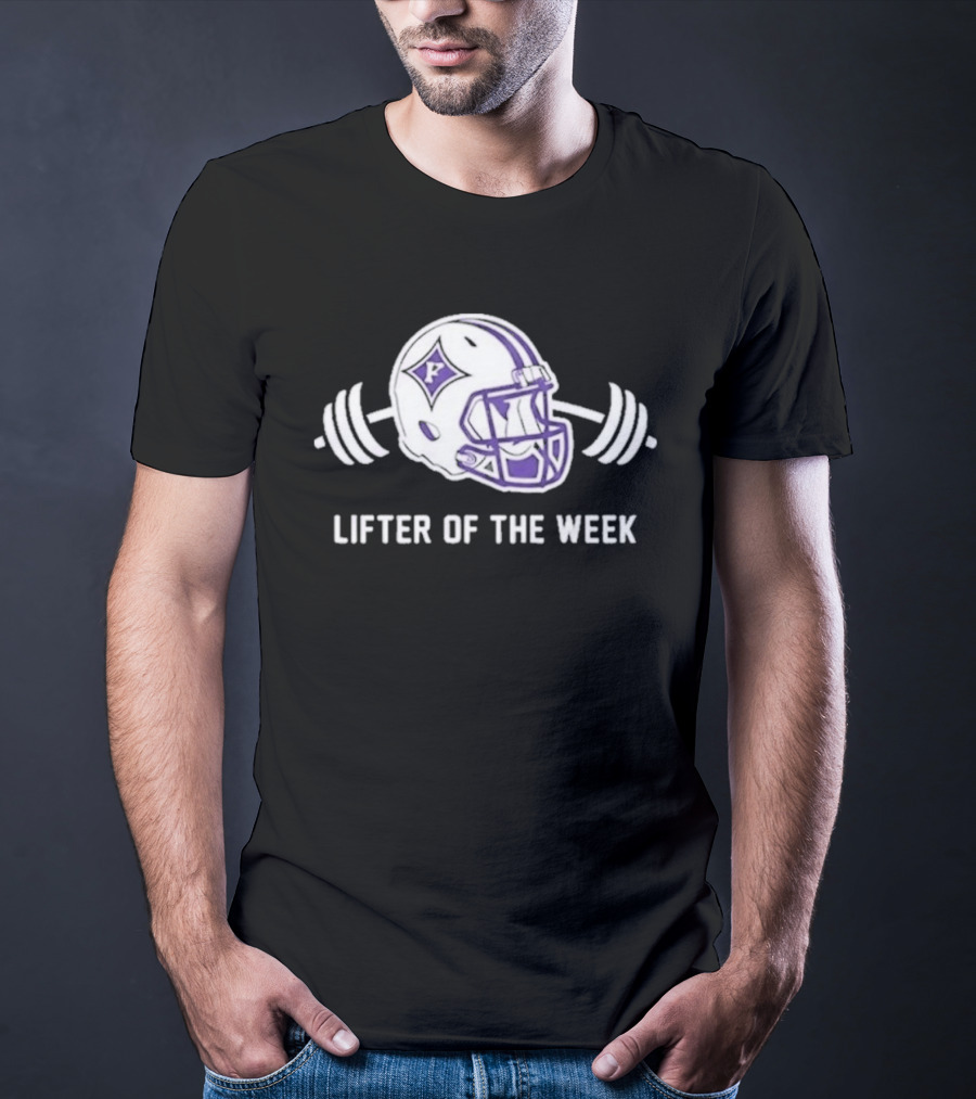 Furman Paladins Lifter Of The Week Helmet Logo With Weights T-Shirt
