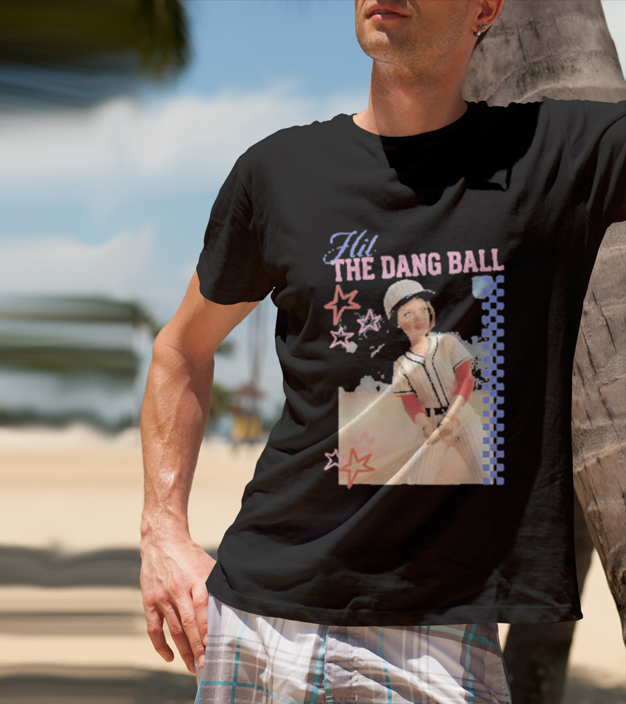 Hit The Dang Ball Vintage Baseball Player With Stars And Blue Checkerboard T-Shirt