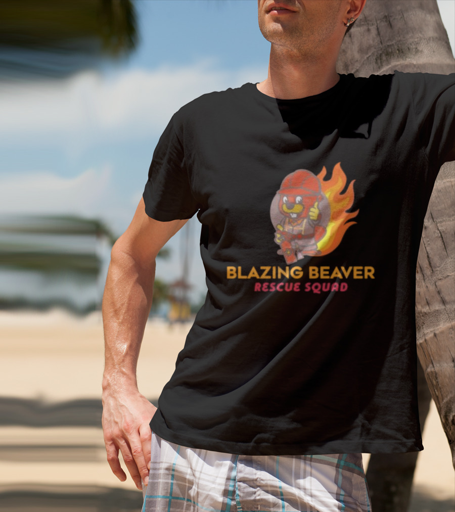Blazing Beaver Rescue Squad Firefighter Cartoon With Flames T-Shirt