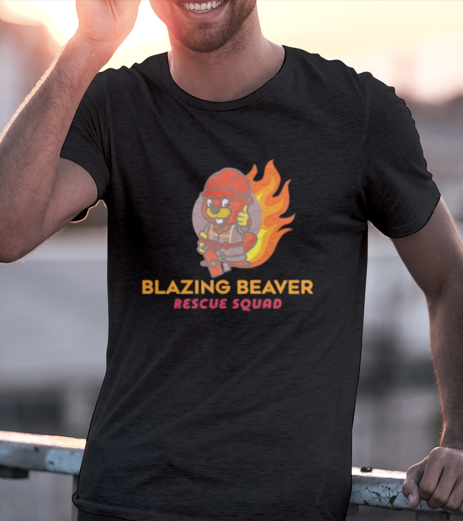 Blazing Beaver Rescue Squad Firefighter Cartoon With Flames T-Shirt