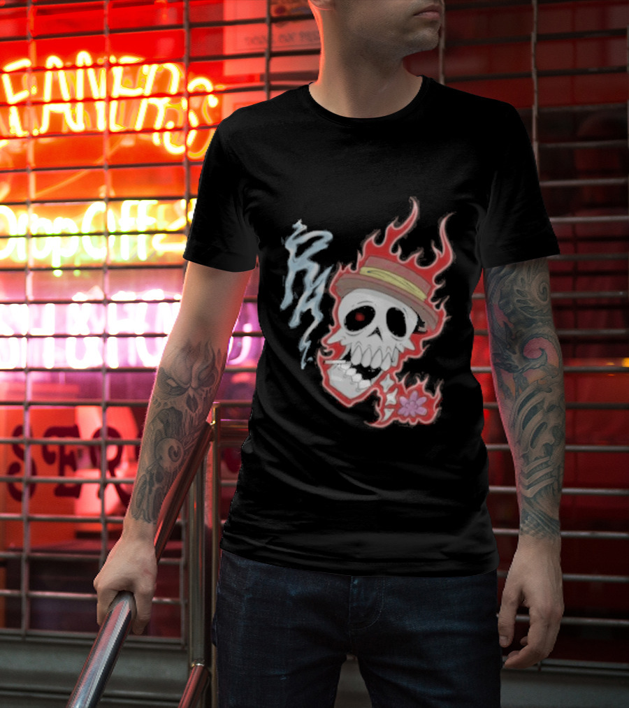 Rare Americans Skull With Flames And Hat Flower T-Shirt