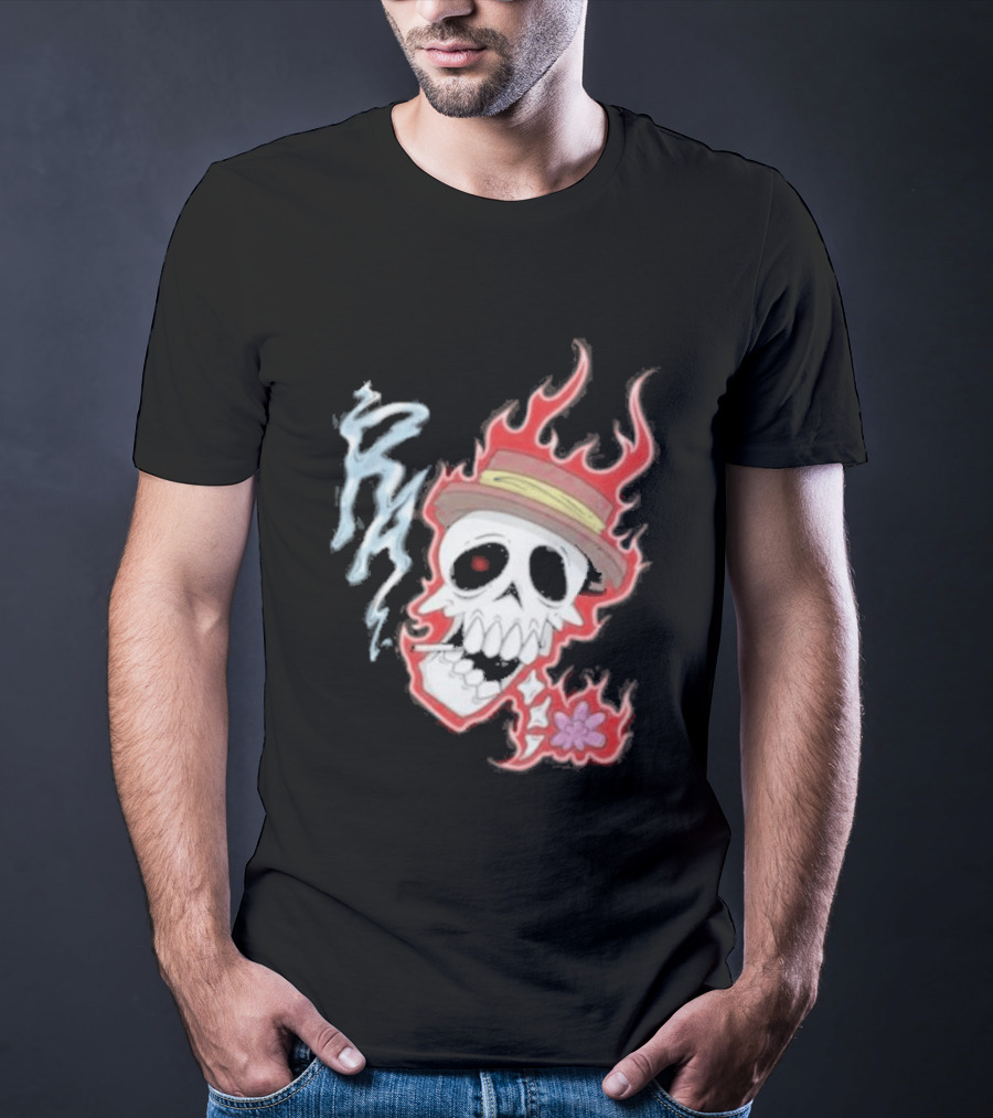Rare Americans Skull With Flames And Hat Flower T-Shirt