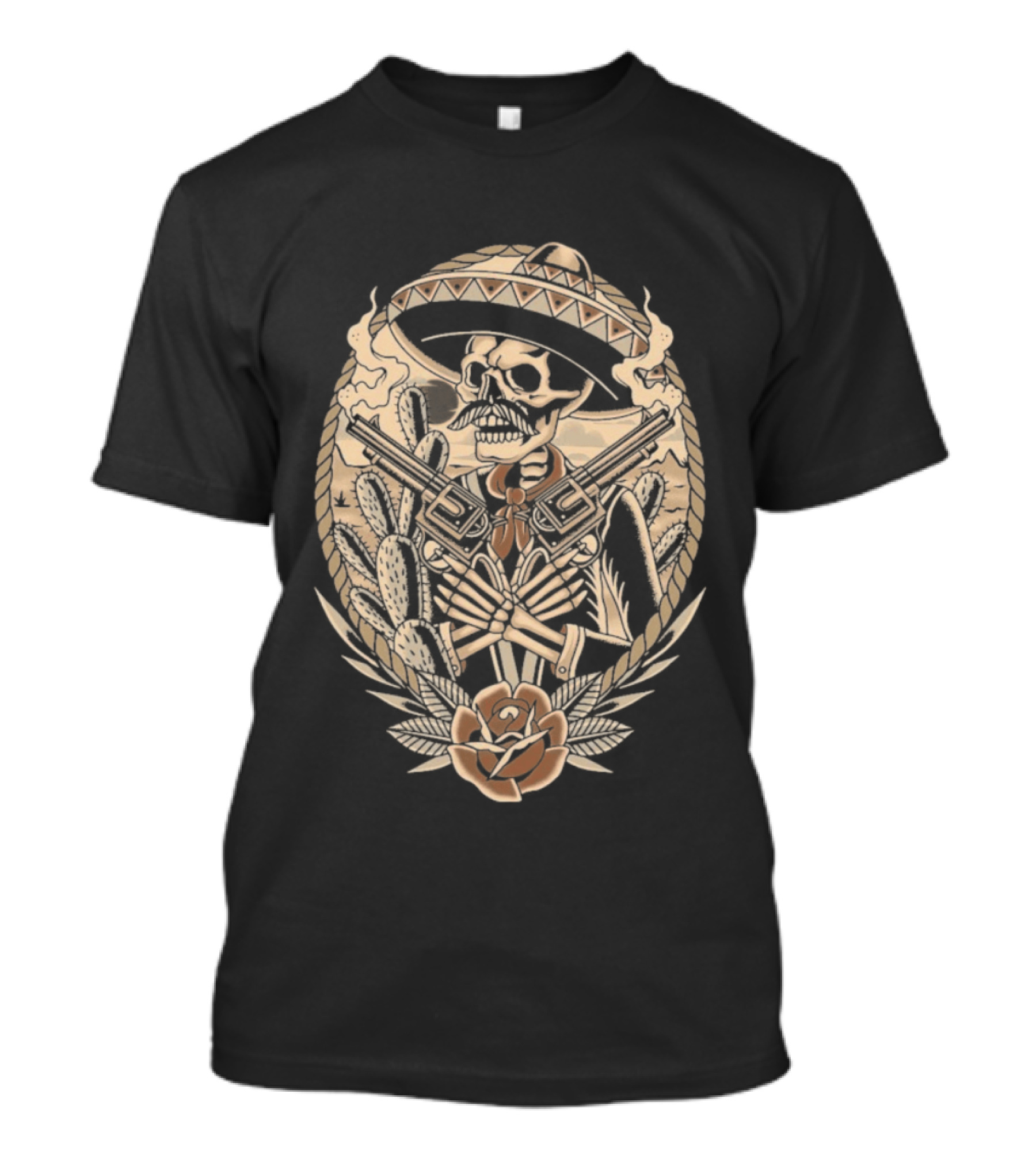 Deathsperado Skeleton Cowboy With Guns Roses And Dollar Signs Black T-Shirt