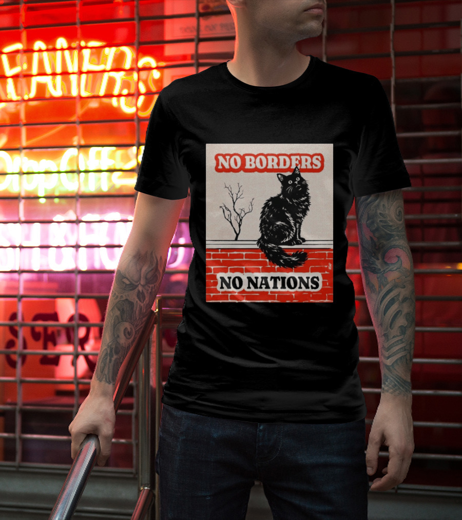 No Borders No Nations Cat Black Feline On Brick Wall T-Shirt