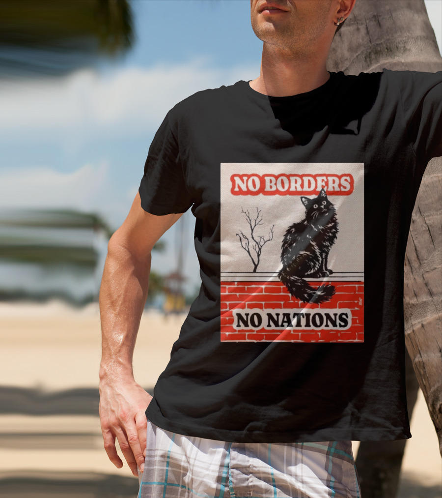 No Borders No Nations Cat Black Feline On Brick Wall T-Shirt