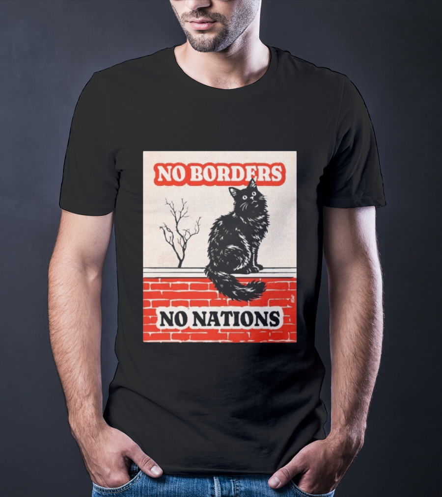 No Borders No Nations Cat Black Feline On Brick Wall T-Shirt