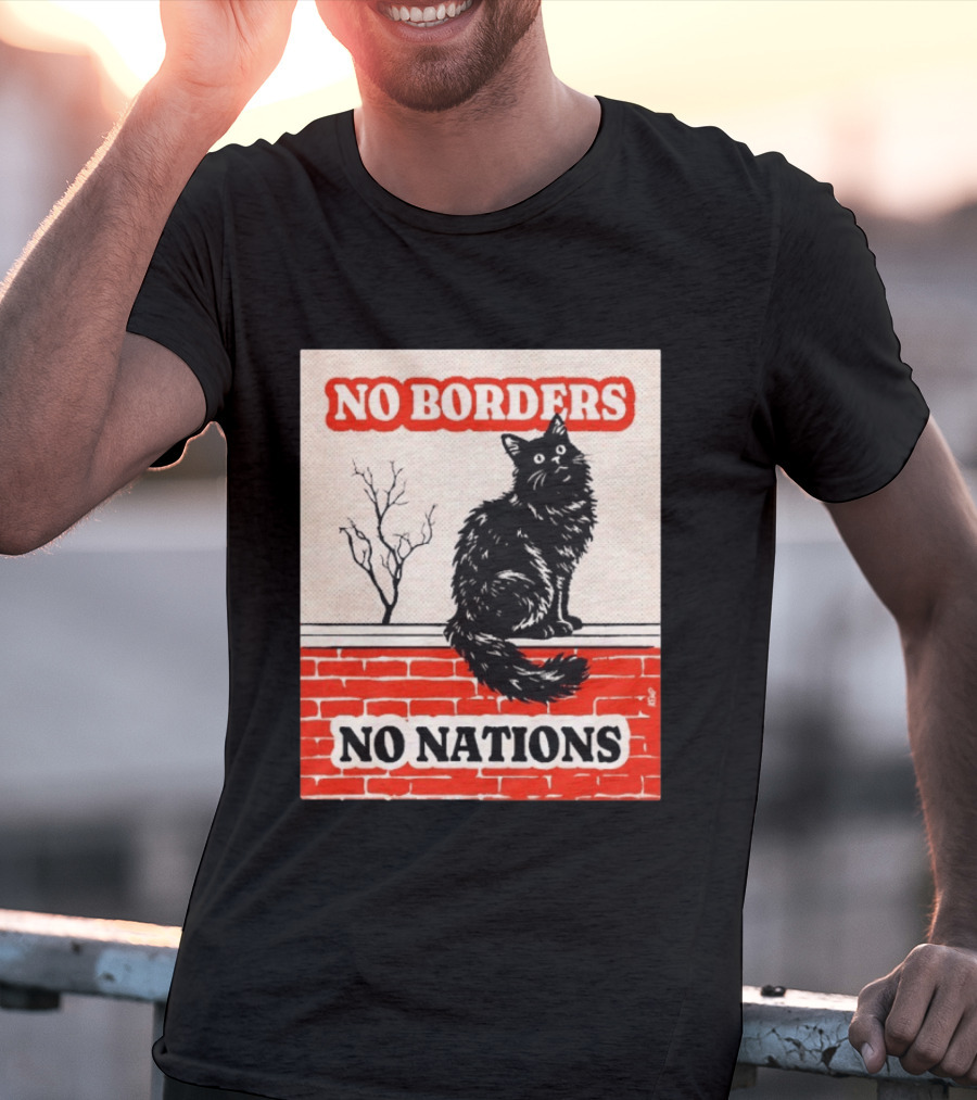 No Borders No Nations Cat Black Feline On Brick Wall T-Shirt
