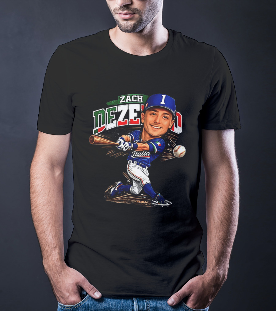 Zach Dezenzo Italia Baseball Classic Caricature Swinging Batter T-Shirt