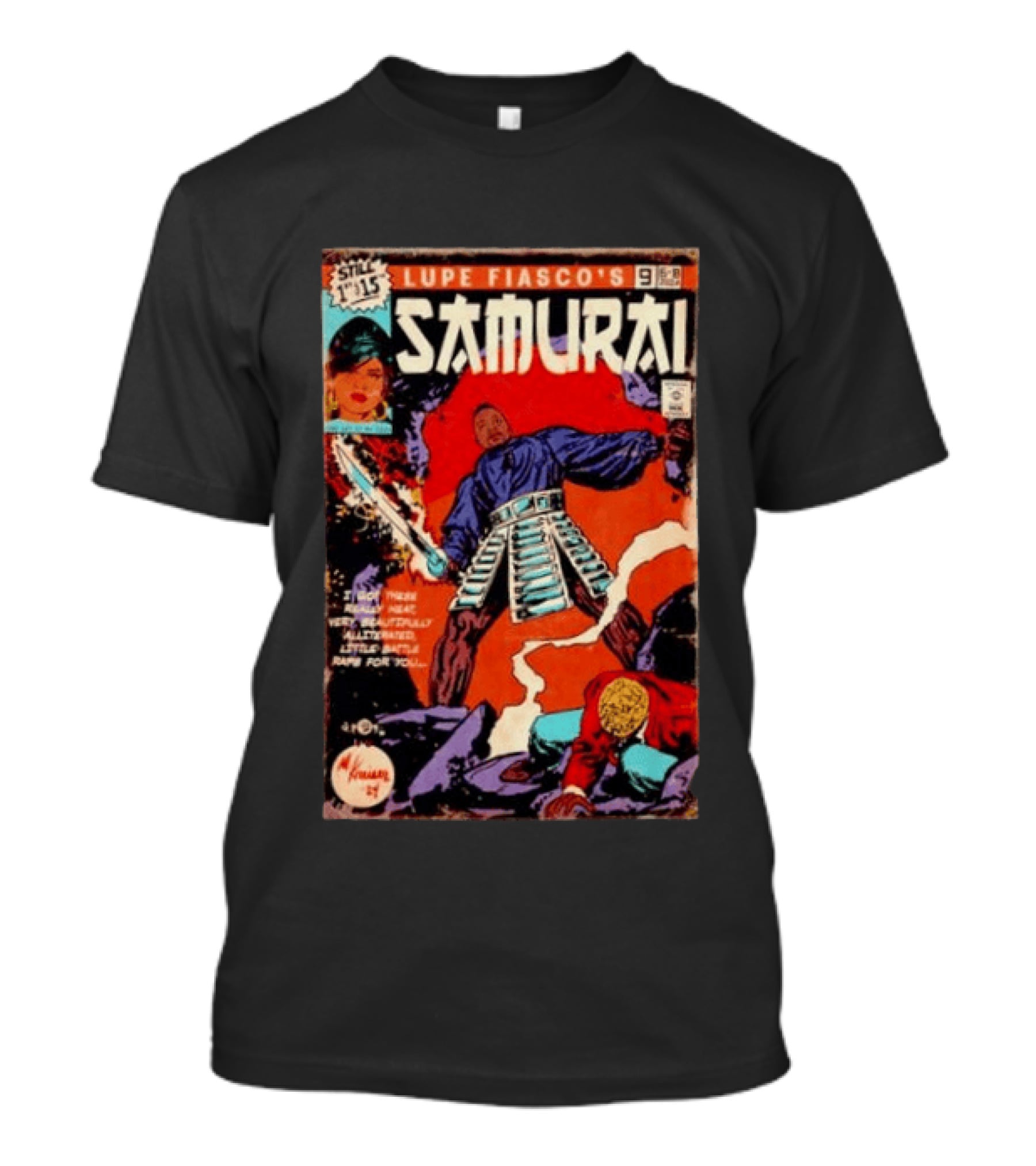 Lupe Fiasco's Samurai Comic Style Issue 9 Cover Art Featuring Fierce Warrior Action And Classic Graphic Novel Vibes T-Shirt