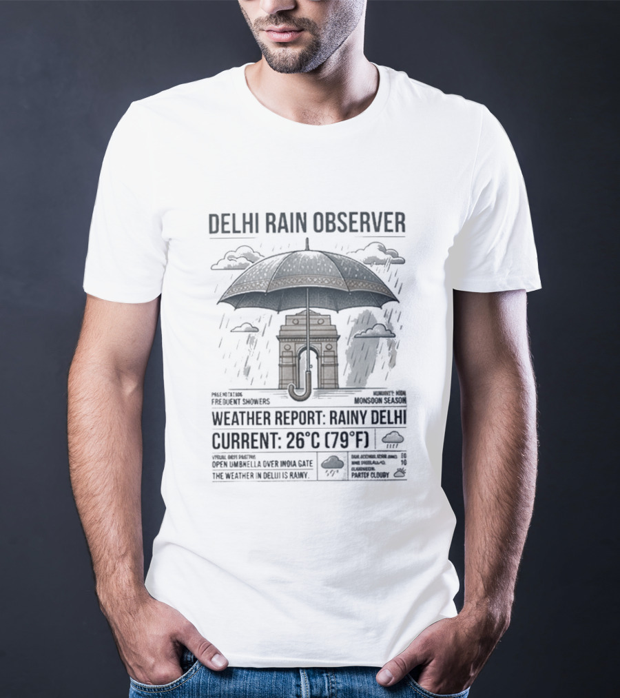Delhi Rain Observer Current Weather Report Rainy 26°C (79°F) T-Shirt