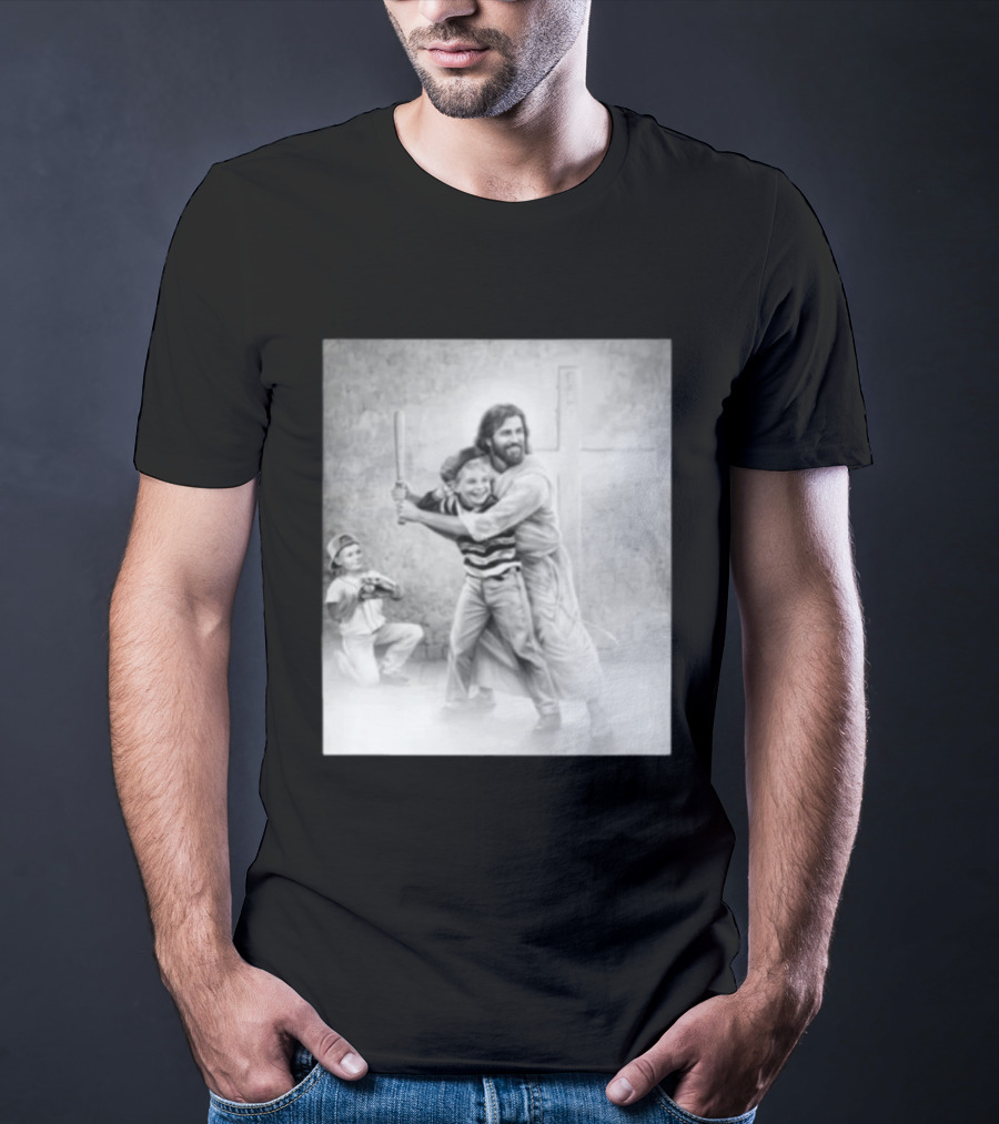 Jesus As A Coach With Children Playing Baseball In Front Of A Cross T-Shirt