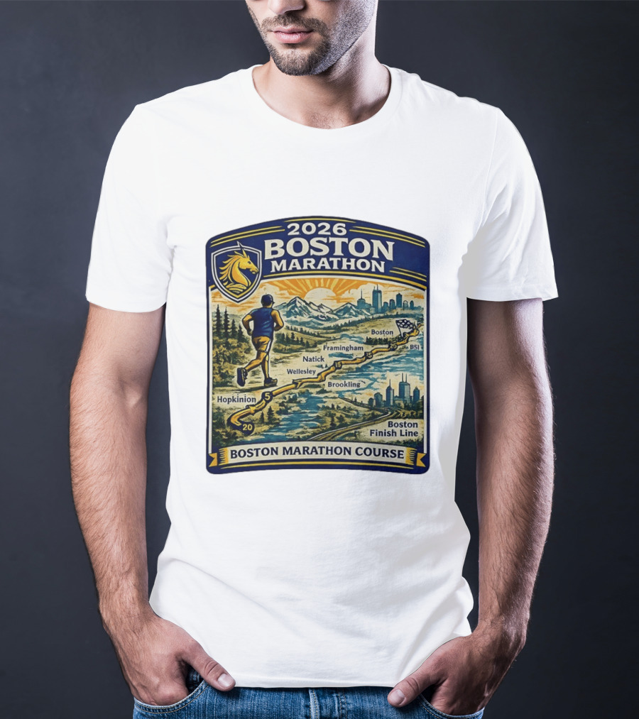 2026 Boston Marathon Course Hopkinton Framingham Natick Wellesley Brookline Finish Line T-Shirt
